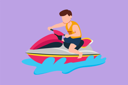 Cartoon flat style drawing of active little boy riding jet ski at beach. Happy smiling child with rides water scooter on ocean waves. Summer sea water sport concept. Graphic design vector illustrationのイラスト素材