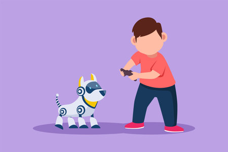 Character flat drawing adorable little boy playing with electronic toys dog robot with remote control in hands. Happy kids with remote control robot pet at school. Cartoon design vector illustrationのイラスト素材