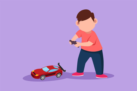 Cartoon flat style drawing happy little boy playing with remote controlled racing car. Cheerful kids playing with electronic toys car with remote control in hands. Graphic design vector illustrationのイラスト素材
