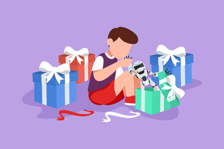 Character flat drawing of excited little boy kid opening wrapped gift box decorated with ribbon bow. Happy adorable little kids receive robot toy gift from birthday. Cartoon design vector illustrationのイラスト素材