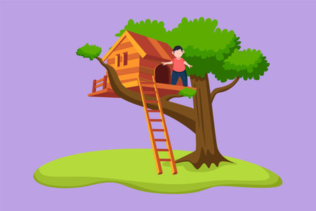 Character flat drawing child on tree house. Happy little boy playing on children playground at school. Treehouse with wooden ladder, place for kids games on summer. Cartoon design vector illustrationのイラスト素材