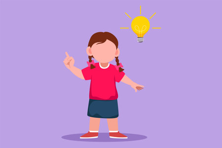 Graphic flat design drawing of smart little girl thinking something. Kids think creative idea. Bubble with light bulbs sign. Concept of learning and growing children. Cartoon style vector illustrationのイラスト素材
