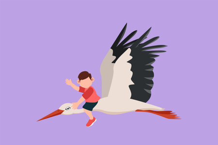 Graphic flat design drawing happy little boy flying with stork. Cheerful child fly and sitting on back stork bird at sky. Adorable kids learning to ride cute stork. Cartoon style vector illustrationのイラスト素材