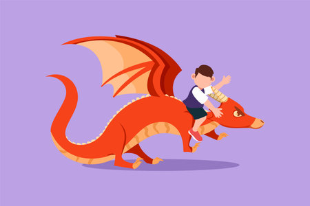 Cartoon flat style drawing happy little boy flying with fantasy dragon. Bravery child fly and sitting on back dragon at the sky. Adorable kids imaginary fairytale. Graphic design vector illustrationのイラスト素材