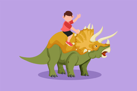 Cartoon flat style drawing bravery little boy caveman riding triceratops. Adorable kids sitting on back of dinosaur. Stone age children playing. Ancient human life. Graphic design vector illustrationのイラスト素材