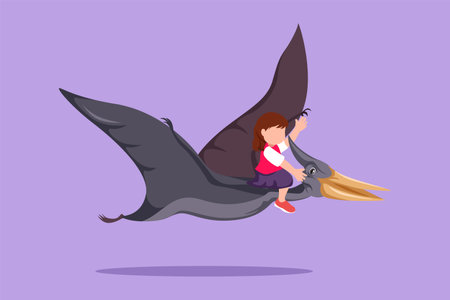 Cartoon flat style drawing cute little girl riding flying dinosaur. Pterodactyl ride with kids sitting on back of dinosaur and flying high in sky. Bravery children. Graphic design vector illustrationのイラスト素材