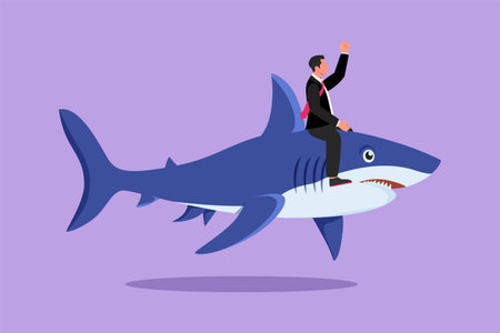 Graphic flat design drawing brave businessman riding huge dangerous shark. Professional entrepreneur character fight with predator. Business metaphor and competition. Cartoon style vector illustrationのイラスト素材