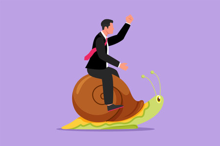 Cartoon flat style drawing of young businessman rides snail. Weak competitor. Ineffective manager, bad solution. Slow business progress, laziness. Business metaphor. Graphic design vector illustrationのイラスト素材