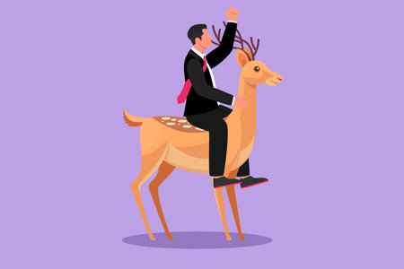 Graphic flat design drawing businessman riding deer. Investment, bullish stock market trading, rising bonds trend. Successful businessman trader. Business metaphor. Cartoon style vector illustrationのイラスト素材