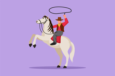 Character flat drawing stylized cowboy throwing lasso riding rearing up horse. American cowboy riding horse and throwing lasso. Cute cowboy with rope lasso on horse. Cartoon design vector illustrationのイラスト素材