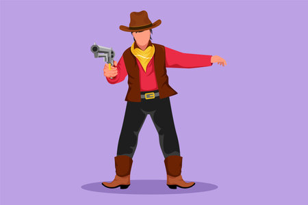 Cartoon flat style drawing smart cowboy holding his gun and aiming the guns ahead. Stylized wild west gunslinger style holding gun. Vintage weapons for self defense. Graphic design vector illustrationのイラスト素材