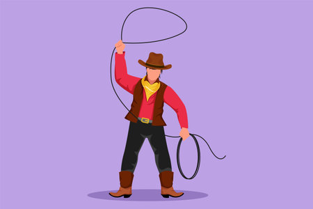 Character flat drawing of western cowboy standing and throwing lasso with wild west elements. Man with cowboy hat rotate the lasso over his head at wild west desert. Cartoon design vector illustrationのイラスト素材