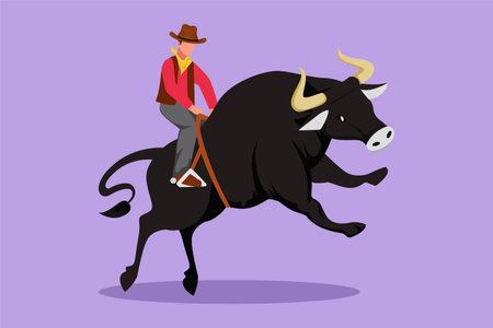 Graphic flat design drawing strong and brave cowboy in hat riding wild bull and participates in rodeo competition. Happy cowboy riding wild bull. Exciting rodeo show. Cartoon style vector illustrationのイラスト素材