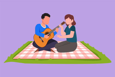 Cartoon flat style drawing romantic couple of lovers has picnic on nature park. Happy man playing music on guitar, pretty girl listening and singing a song together. Graphic design vector illustrationのイラスト素材