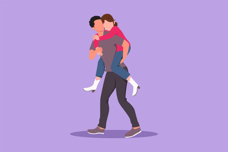 Cartoon flat style drawing happy man carry girlfriend on his back. Romantic couple in love. Relationship concept in always supporting and helping in any situation. Graphic design vector illustrationのイラスト素材