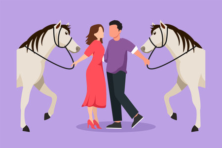 Character flat drawing of romantic couple standing and talking beside they horses. Young man and woman meet for dating with ride horse. Engagement and love relation. Cartoon design vector illustrationのイラスト素材