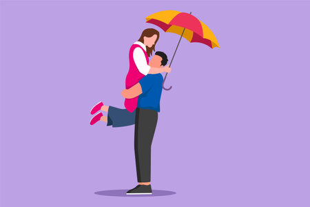 Graphic flat design drawing cheerful couple in love under rain with umbrella. Happy man and woman walking at park and jumping. Married romantic couple relationship. Cartoon style vector illustrationのイラスト素材