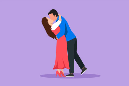 Graphic flat design drawing cheerful boy and girl in love kissing. Couple lovers kissing and hugging each other. Happy man and woman celebrating wedding anniversary. Cartoon style vector illustrationのイラスト素材