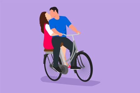 Graphic flat design drawing young loving couple cycling and kissing each other. Romantic human relation, love story, newlywed family in honeymoon traveling adventure. Cartoon style vector illustrationのイラスト素材
