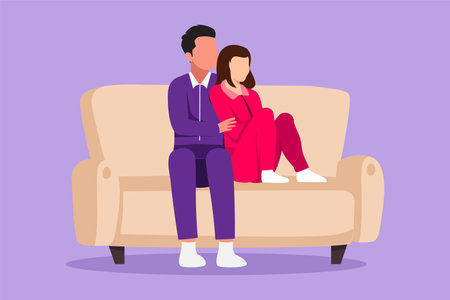 Graphic flat design drawing romantic couple hugging each other. Man and woman relaxed on sofa at home. Male hugs cute female at cozy living room and watching TV show. Cartoon style vector illustrationのイラスト素材
