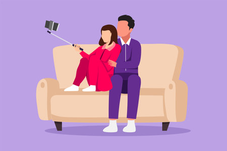 Cartoon flat style drawing man and woman take selfie on smartphone with monopod. Happy couple seat on sofa, making photo together on mobile phone with selfie stick. Graphic design vector illustrationのイラスト素材