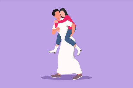 Character flat drawing happy man carry girlfriend on his back. Romantic Arab couple in love. Relationship concept in always supporting and helping in any situation. Cartoon design vector illustrationのイラスト素材