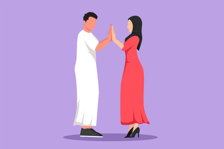 Cartoon flat style drawing man and woman holding hands and looking in each other eyes. Romantic Arabian couple in love spending time together outdoors. Happy family. Graphic design vector illustrationのイラスト素材