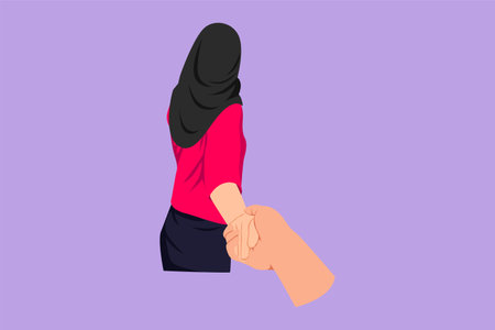 Cartoon flat style drawing beauty Arab woman holding man hand while leading him on nature outdoor. Romantic couple in love and promise to be faithful to each other. Graphic design vector illustrationのイラスト素材