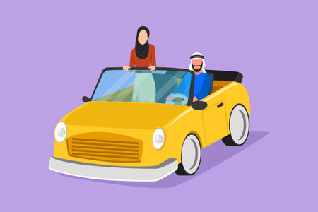 Cartoon flat style drawing happy couple riding car going on road trip. Romantic man and woman driving in cabriolet car travel around city. Arab couple on vacation. Graphic design vector illustrationのイラスト素材