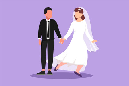 Character flat drawing of happy man pulled beautiful woman hand with wedding party. Romantic couple walking on romantic honeymoon promenade holiday. Summer vacation. Cartoon design vector illustrationのイラスト素材