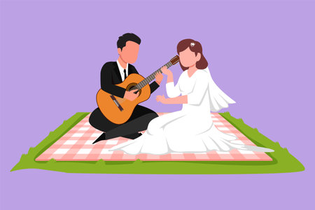 Graphic flat design drawing happy married couple of lovers has sitting on nature. Romantic man playing music on guitar, cute girl listen and singing at wedding party. Cartoon style vector illustrationのイラスト素材