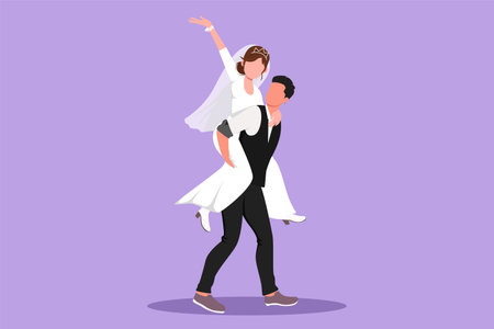 Character flat drawing of sweet married couple with man in suit carrying woman with wedding dress on his back. Happy romantic couple in love celebrate wedding party. Cartoon design vector illustrationのイラスト素材
