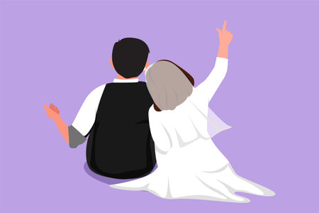 Graphic flat design drawing married girl in love sit lay on shoulder her husband and looking at moon and stars. Man and pretty woman enjoying romantic night together. Cartoon style vector illustrationのイラスト素材