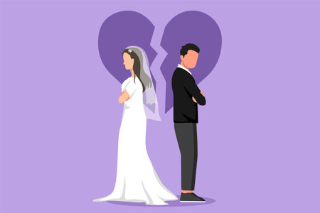 Cartoon flat style drawing divorced married couple are angry, frustration. Relationship break up, broken heart, couple facing opposite direction with wedding dress. Graphic design vector illustrationのイラスト素材