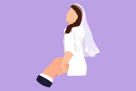 Character flat drawing of woman wearing wedding dress on romantic honeymoon holiday holding hand of husband following her, view from behind. Married couple vacation. Cartoon design vector illustrationのイラスト素材