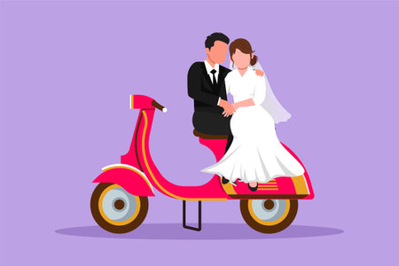 Character flat drawing married riders couple trip travel relax. Romantic couple in honeymoon moment sitting and talking on motorcycle. Man with woman riding scooter. Cartoon design vector illustrationのイラスト素材