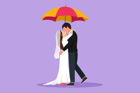 Character flat drawing romantic couple in love under rain with umbrella. Man and beautiful woman hugging and kissing with wedding dress. Married couple relationship. Cartoon design vector illustrationのイラスト素材