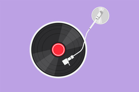 Character flat drawing vinyl record music poster design template with phonograph record vintage retro style. Stylized vinyl record instrument for music performance. Cartoon design vector illustrationのイラスト素材