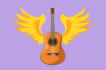 Character flat drawing stylized acoustic guitar with angel wings. Musical instrument isolated on blue background. Rock or jazz concert performance. Musical emblem. Cartoon design vector illustrationのイラスト素材