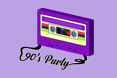 Cartoon flat style drawing old slogan with music cassette. Slogan 90s party logo, icon, label. Image for printing on t-shirt, clothes, postcard, background, banner. Graphic design vector illustrationのイラスト素材