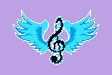 Character flat drawing of treble clefs with wings isolated on blue background. Winged feather violin clef or music symbol. Musical logo icon for musical performance. Cartoon design vector illustrationのイラスト素材
