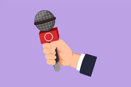 Cartoon flat style drawing visual on global news, journalism, live press report or interview with hand holding microphone and abstract media icon, logo, and symbols. Graphic design vector illustrationのイラスト素材