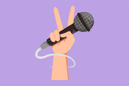 Graphic flat design drawing child hand holding microphone on blue background, closeup of hand. Mic with victory gesture. Karaoke kid sings song to microphone symbol. Cartoon style vector illustrationのイラスト素材