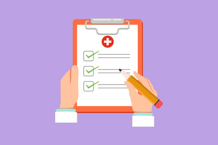 Cartoon flat style drawing clipboard in hand doctor. Doctor takes notes in clipboard with pen or pencil. Medical report background. Patient care check list template. Graphic design vector illustrationのイラスト素材