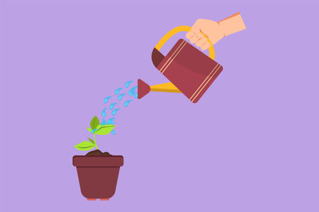 Graphic flat design drawing hand holding watering can watering plant at pot or ground symbol. Earth day save environment concept. Growing seedling forester planting. Cartoon style vector illustrationのイラスト素材