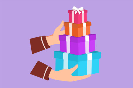 Graphic flat design drawing woman hands gives gift in boxes. Girl holding huge stack New Year presents symbol. Millennial female carrying pile of wrapped gifts box. Cartoon style vector illustrationのイラスト素材