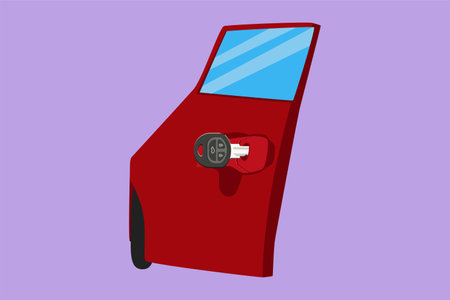 Cartoon flat style drawing car keys were plugged into car door. Sale, lease, purchase of cars. Auto rental or transportation concept. Suitable for vehicle business. Graphic design vector illustrationのイラスト素材