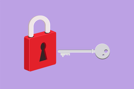 Cartoon flat style drawing of lock and key, isometric image. Key and lock symbol. Safety lock with key icon image. Success, solution, opportunity and safety concept. Graphic design vector illustrationのイラスト素材