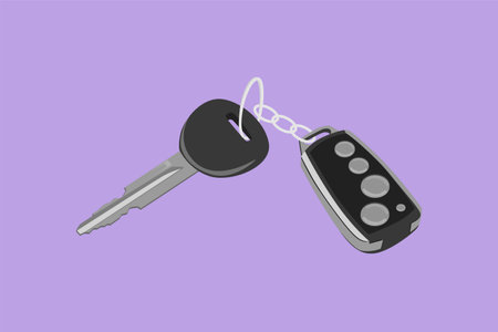 Graphic flat design drawing realistic car keys black color isolated on blue background. Set of electronic car key front and back view and alarm system logo, symbol. Cartoon style vector illustrationのイラスト素材