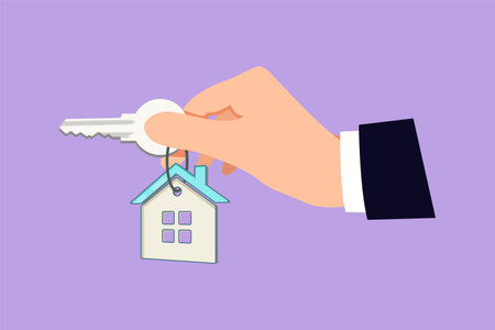 Graphic flat design drawing hand holding house key with clipping path. Real estate. Female hand holding key from house isolated on blue background. Buying the house. Cartoon style vector illustrationのイラスト素材